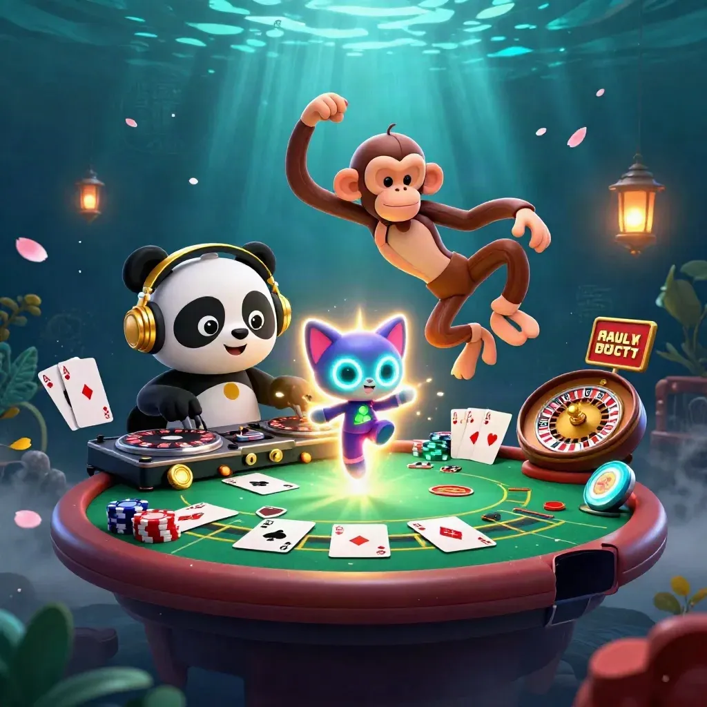 DJ panda, monkey, and glow kitten amid roulette and poker casino glamour