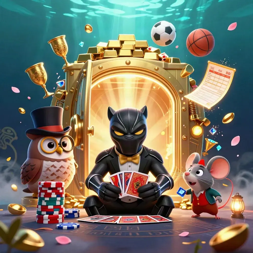Panther, owl, and mouse amid vault gold, flying balls, petals, and teal light.