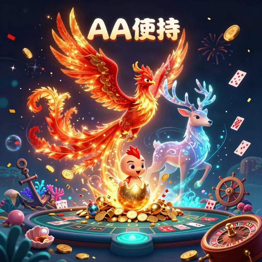 Phoenix, hatching baby phoenix, and crystal-antler stag amid roulette and treasure in a neon casino cove.