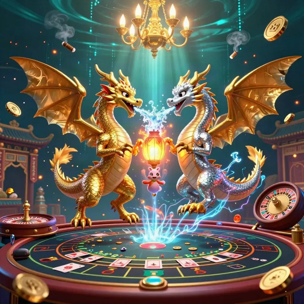 Gold and silver dragons spiral over a neon casino temple with a lantern spirit and roulette glow.