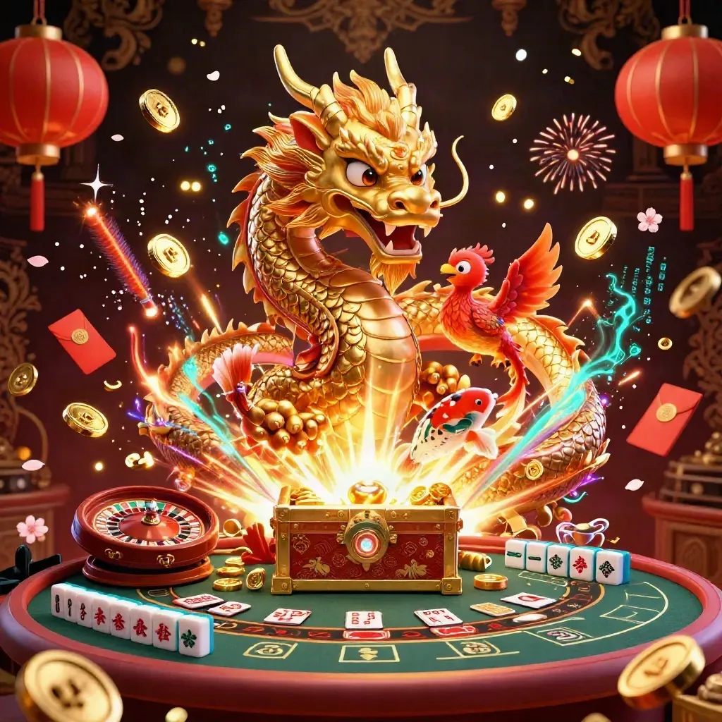 Golden dragon, phoenix, koi, roulette wheel, coins and fireworks in a luxe casino scene.