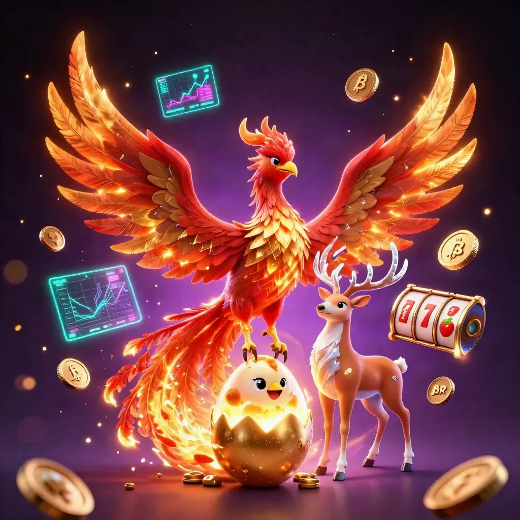 Phoenix, hatchling, and crystal stag amid neon casino coins and magical energy.